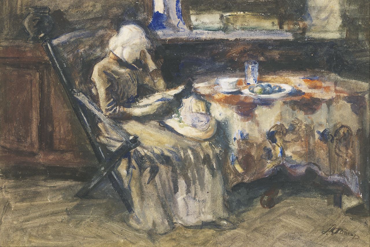 Toorop J.Th.  | Johannes Theodorus 'Jan' Toorop, Annie Hall, de vrouw van de schilder, lezend, aquarel en gouache op papier 40,0 x 59,0 cm, gesigneerd rechtsonder
