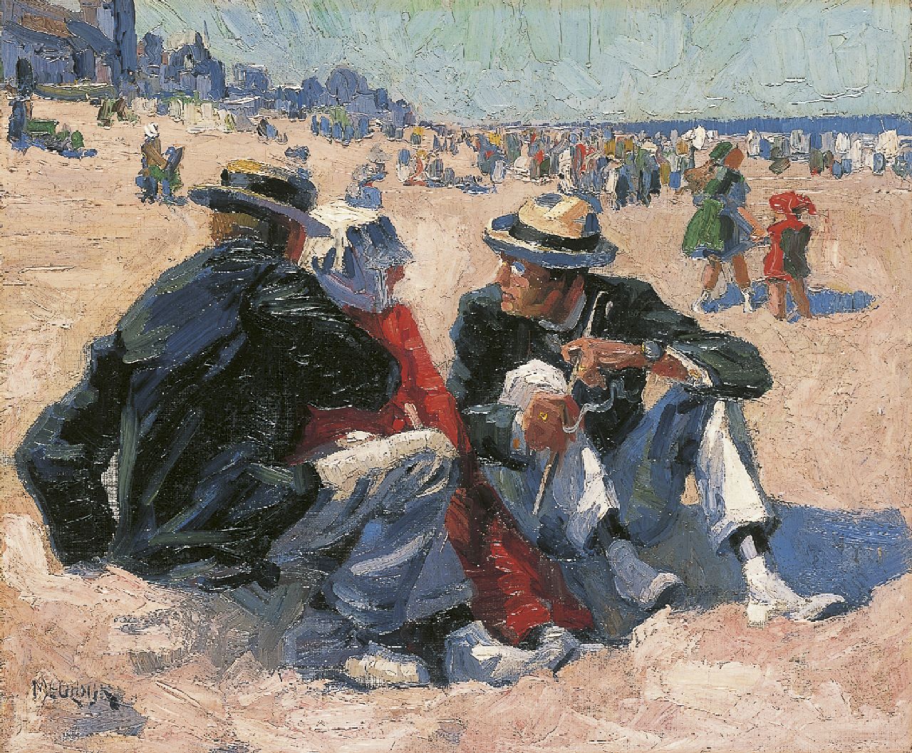 Meuldijk M.  | Maarten Meuldijk, Charmeurs op het Scheveningse strand, olieverf op doek op paneel 33,2 x 40,3 cm, gesigneerd linksonder
