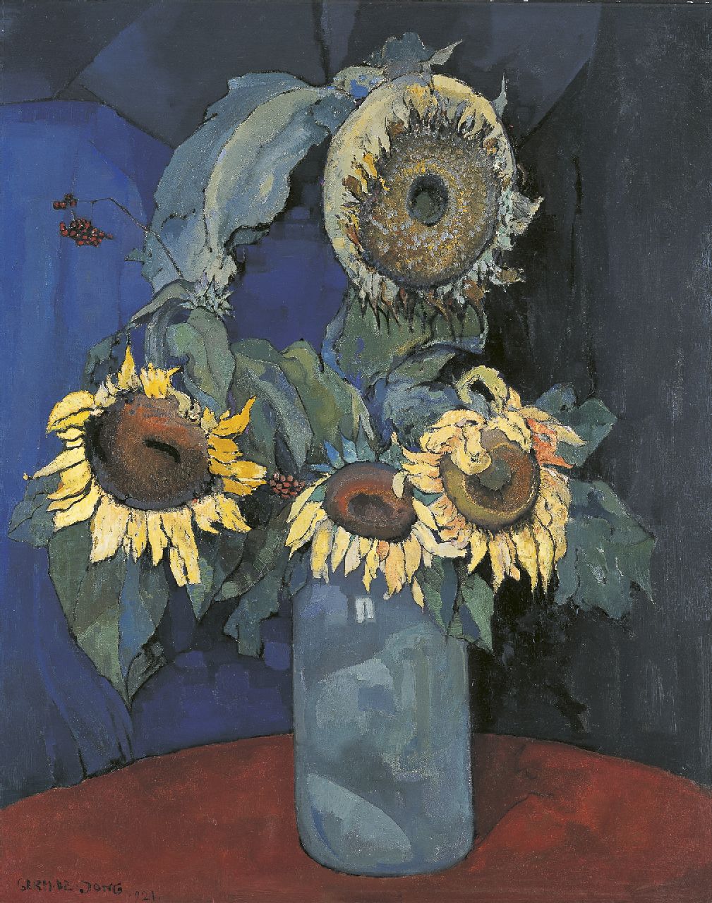 Jong G. de | Gerben 'Germ' de Jong, Zonnebloemen in blauwe vaas, olieverf op doek 98,8 x 78,9 cm, gesigneerd linksonder en gedateerd 1921