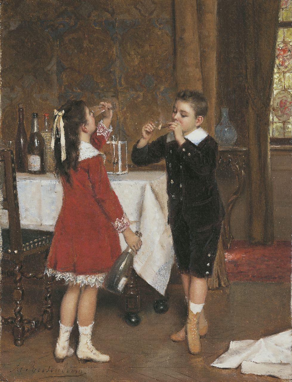 Roosenboom A.  | Albert Roosenboom, Na het feestje (net als vader en moeder), olieverf op doek 34,2 x 26,4 cm, gesigneerd linksonder en verso gedateerd 1882