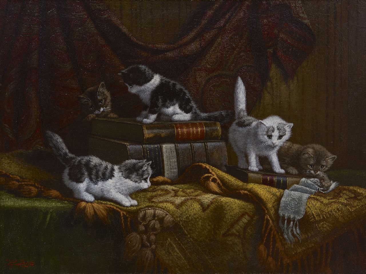 Raaphorst C.  | Cornelis Raaphorst, Katjes, spelend rond kostbare boeken, olieverf op doek 60,2 x 80,0 cm, gesigneerd linksonder