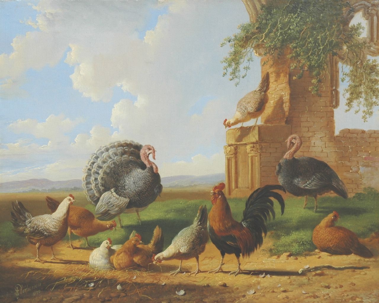Verhoesen A.  | Albertus Verhoesen, Kalkoenen en pluimvee in een landschap, olieverf op paneel 30,5 x 37,6 cm, gesigneerd linksonder en gedateerd 1870