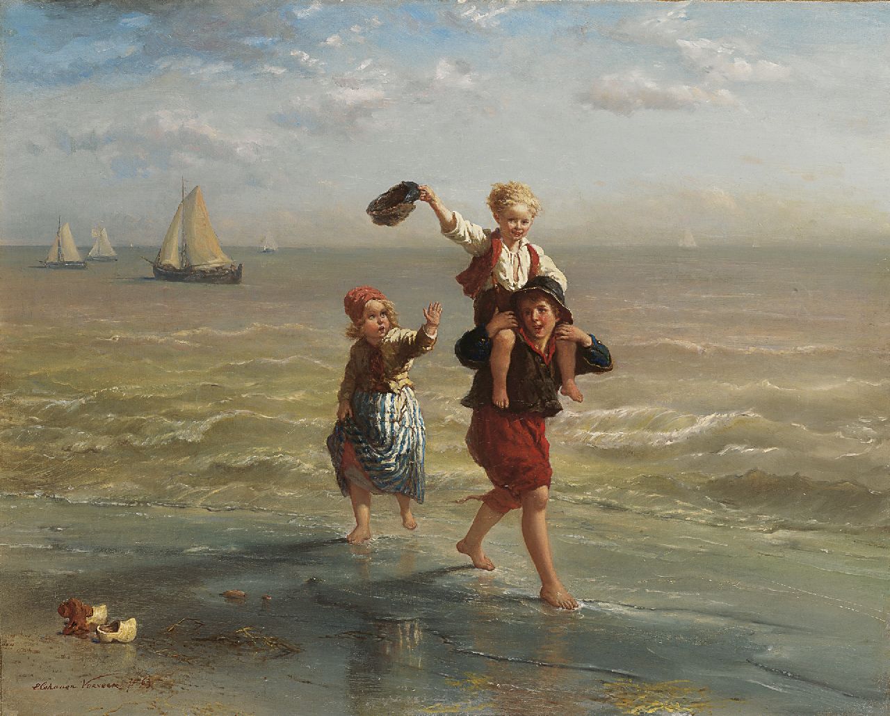 Verveer E.L.  | 'Elchanon' Leonardus Verveer, Kindergeluk op het strand, olieverf op doek 60,2 x 75,2 cm, gesigneerd linksonder en gedateerd '63