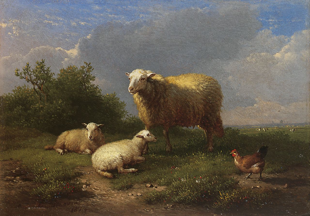 Verboeckhoven E.J.  | Eugène Joseph Verboeckhoven, Weide met schaap en twee lammeren, olieverf op paneel 14,4 x 20,4 cm, gesigneerd linksonder en gedateerd 1874
