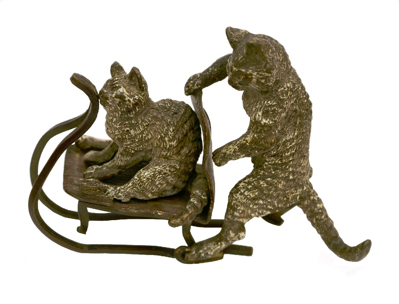 Weense School   | Weense School | Beelden en objecten te koop aangeboden | Twee bronzen poezen op een duwslede, brons 6,4 x 8,5 cm