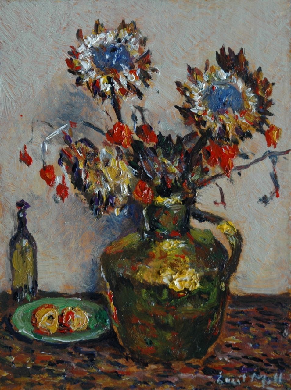 Moll E.  | Evert Moll, Bloemen in koperen melkbus, olieverf op paneel 23,6 x 17,7 cm, gesigneerd rechtsonder