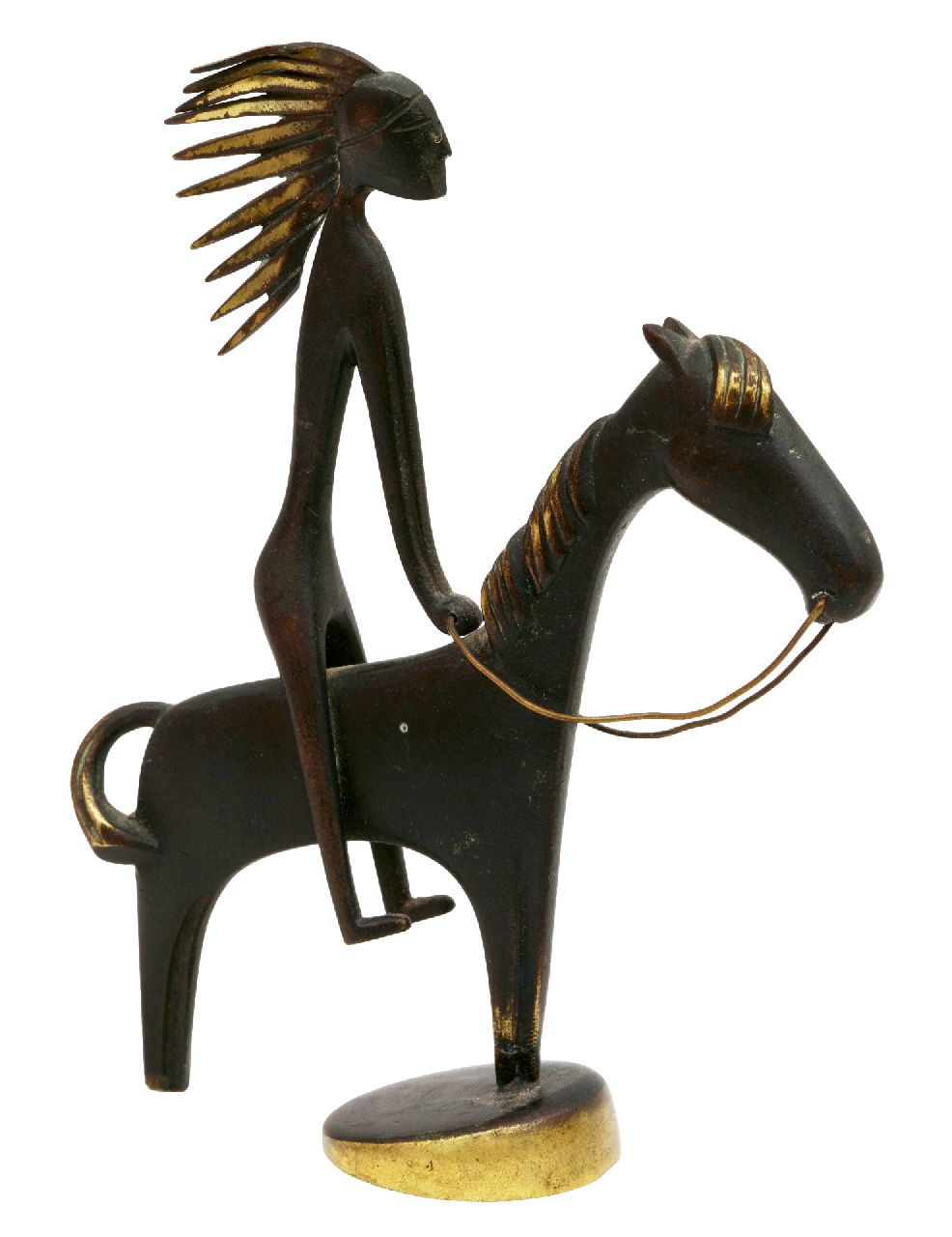 Hagenauer K.  | Karl Hagenauer | Beelden en objecten te koop aangeboden | Indiaan te paard, gepatineerd messing 13,1 x 10,1 cm, te dateren ca. 1950