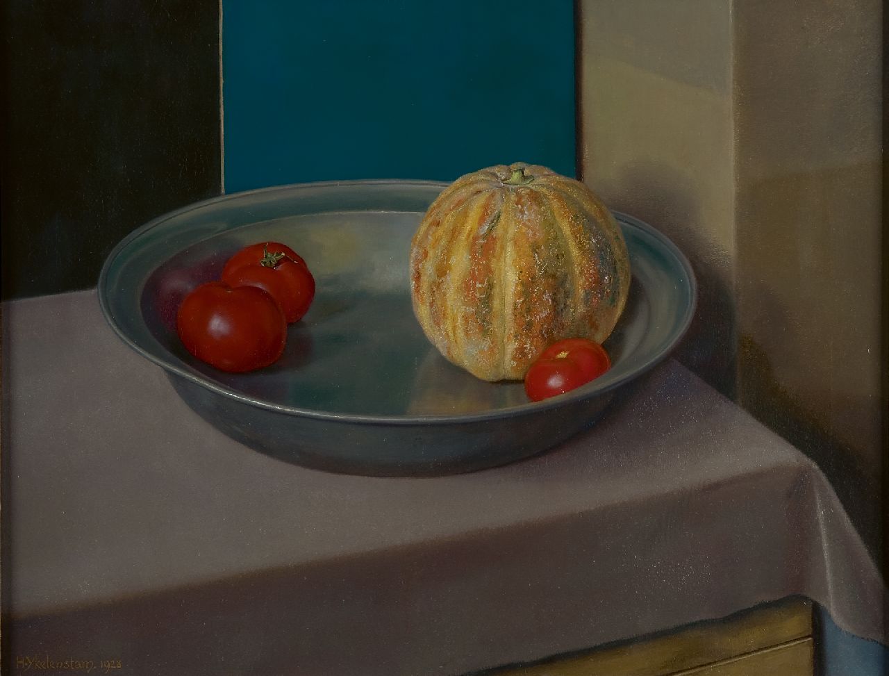 IJkelenstam H.  | Hendrikus IJkelenstam, Pompoen en tomaten op tinnen schaal, olieverf op doek 50,8 x 65,7 cm, gesigneerd linksonder en gedateerd 1928