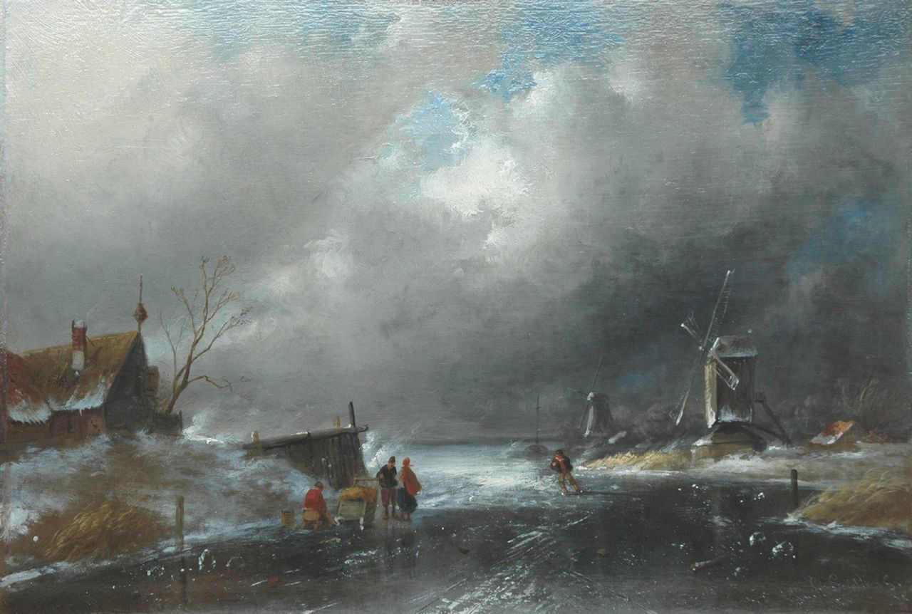 Leickert C.H.J.  | 'Charles' Henri Joseph Leickert, Winterse storm op komst, olieverf op paneel 28,1 x 41,3 cm, gesigneerd rechtsonder