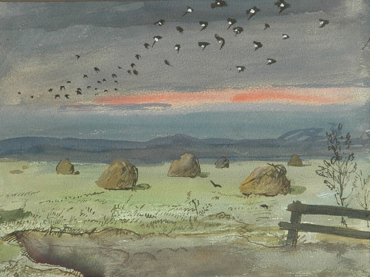 Kamerlingh Onnes H.H.  | 'Harm' Henrick Kamerlingh Onnes, Een zwerm vogels boven hooioppers, aquarel op papier 24,0 x 31,5 cm, gesigneerd rechtsonder met monogram en gedateerd '57