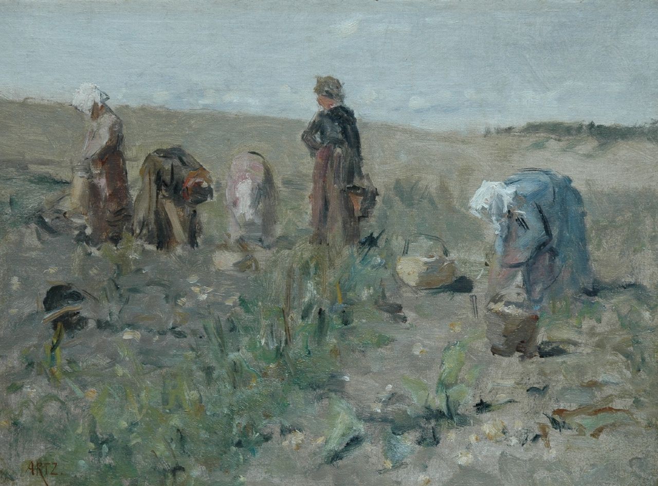 Artz D.A.C.  | David Adolphe Constant Artz, Aardappelrooisters in de duinen, olieverf op doek op paneel 30,9 x 41,6 cm, gesigneerd linksonder