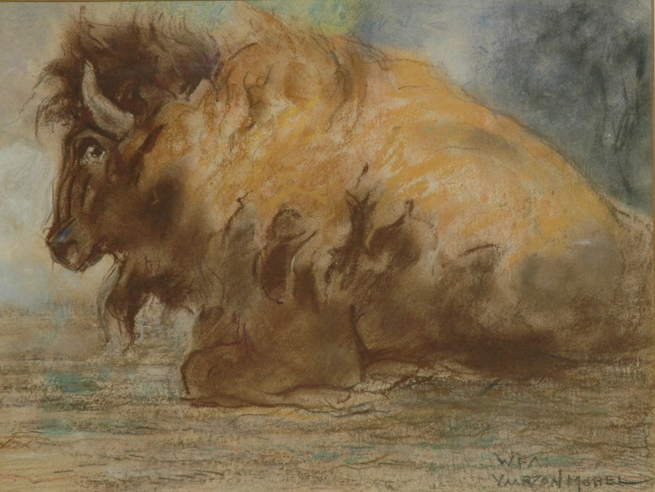 Vaarzon Morel W.F.A.I.  | Wilhelm Ferdinand Abraham Isaac 'Willem' Vaarzon Morel, Bizon, pastel op papier 22,7 x 30,0 cm, gesigneerd rechtsonder
