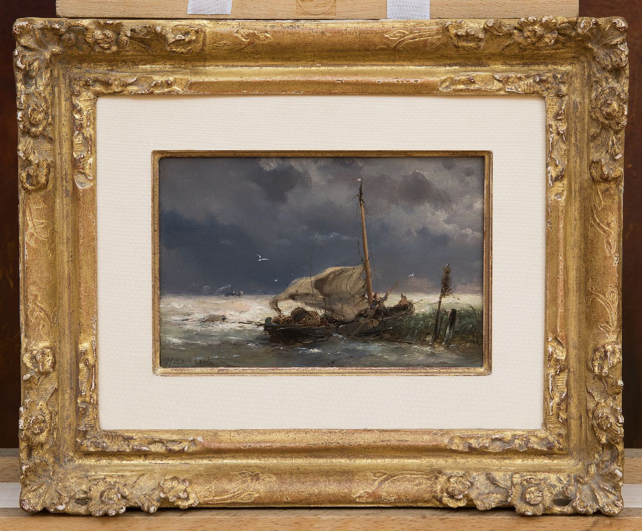 Koekkoek H.  | Hermanus Koekkoek, Vissersboot en stoomschip in zwaar weer, olieverf op paneel 10,7 x 16,0 cm, gesigneerd linksonder en VERKOCHT