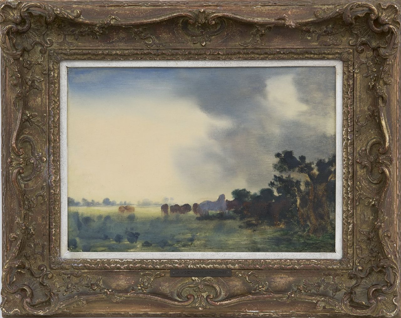 Voerman sr. J.  | Jan Voerman sr. | Schilderijen te koop aangeboden | Landschap met paarden, donkere lucht, olieverf op paneel 22,0 x 32,0 cm, gesigneerd rechtsonder met initialen