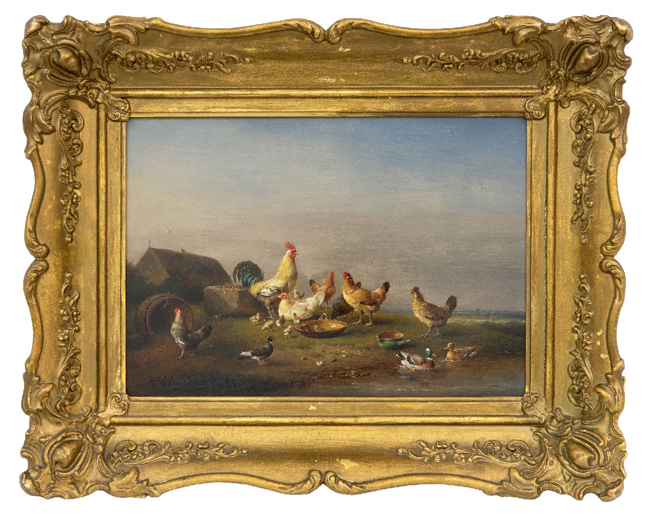 Severdonck F. van | Frans van Severdonck | Schilderijen te koop aangeboden | Pluimvee en vogels in weids landschap, olieverf op paneel 17,8 x 26,0 cm, gesigneerd linksonder en gedateerd 1886