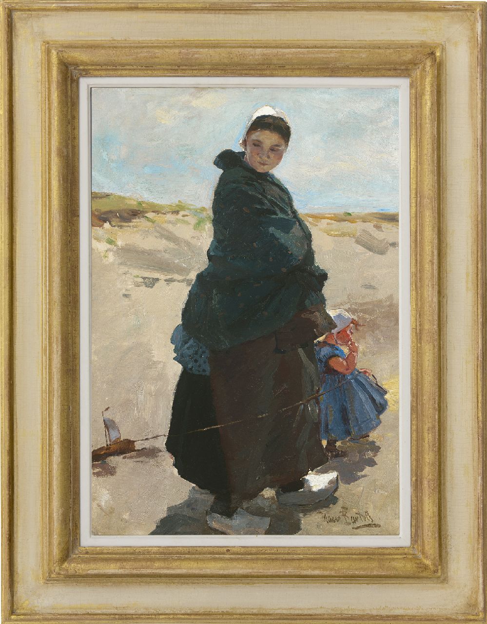Bartels H. von | Hans von Bartels, Mijmering: vissersvrouw met kind op het strand van Katwijk, olieverf op doek 47,6 x 33,3 cm, gesigneerd rechtsonder