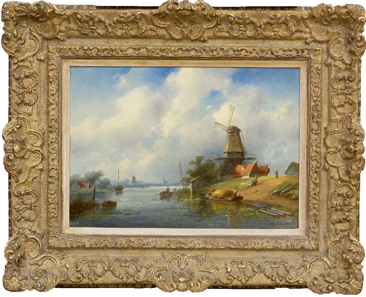 Leickert C.H.J.  | 'Charles' Henri Joseph Leickert, Zomers riviergezicht met hooischuit en molen, olieverf op paneel 20,8 x 29,3 cm, gesigneerd rechtsonder