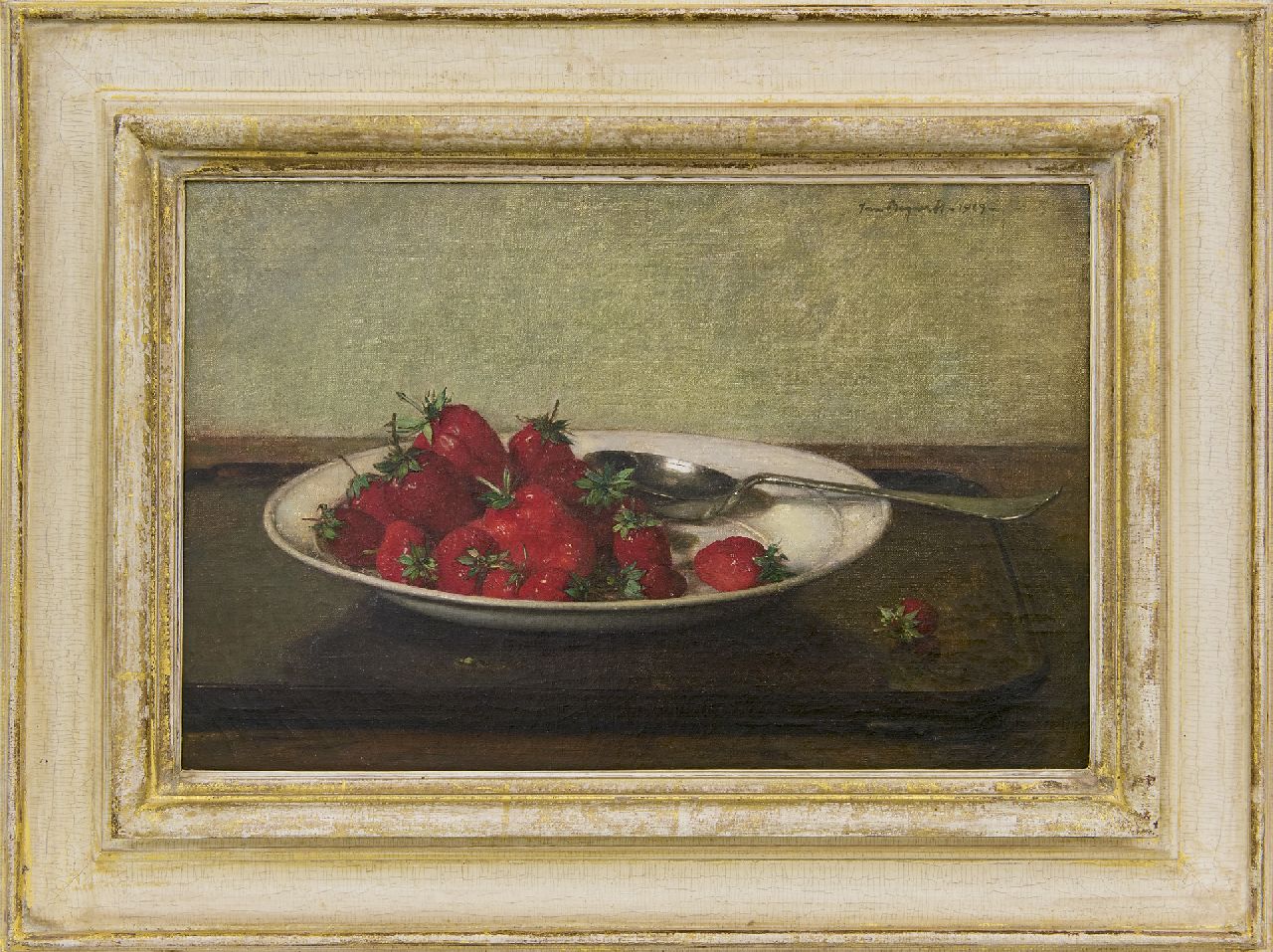 Bogaerts J.J.M.  | Johannes Jacobus Maria 'Jan' Bogaerts, Stilleven met aardbeien op een aardewerken bord, olieverf op doek 27,1 x 41,4 cm, gesigneerd rechtsboven en gedateerd 1929