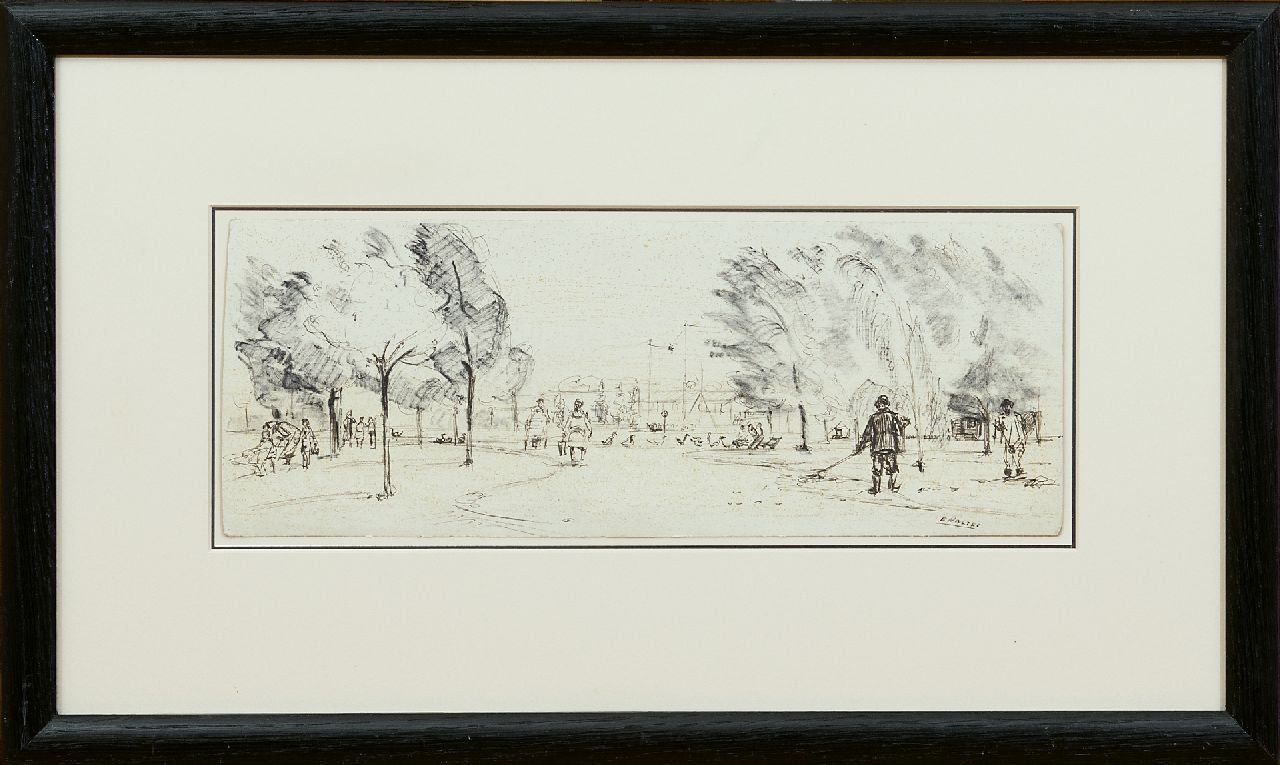 Noltee B.C.  | Bernardus Cornelis 'Cor' Noltee | Aquarellen en tekeningen te koop aangeboden | Stadsplantsoen, tekening op papier 11,4 x 30,5 cm, gesigneerd rechtsonder
