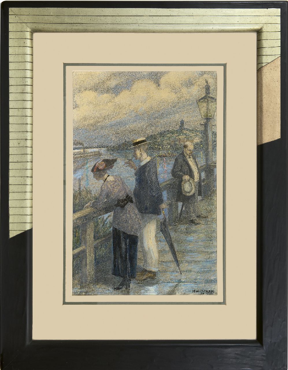 Baluschek H.  | Hans Baluschek, Paartje op een brug, krijt en gouache op papier 48,5 x 33,0 cm, gesigneerd rechtsonder en gedateerd '14