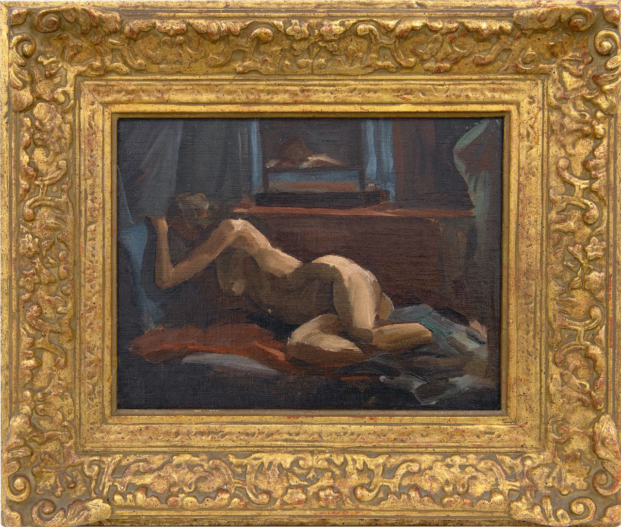Maze P.L.  | 'Paul' Lucien Maze | Schilderijen te koop aangeboden | Liggend naakt en voyeur, olieverf op doek op board 27,0 x 34,8 cm