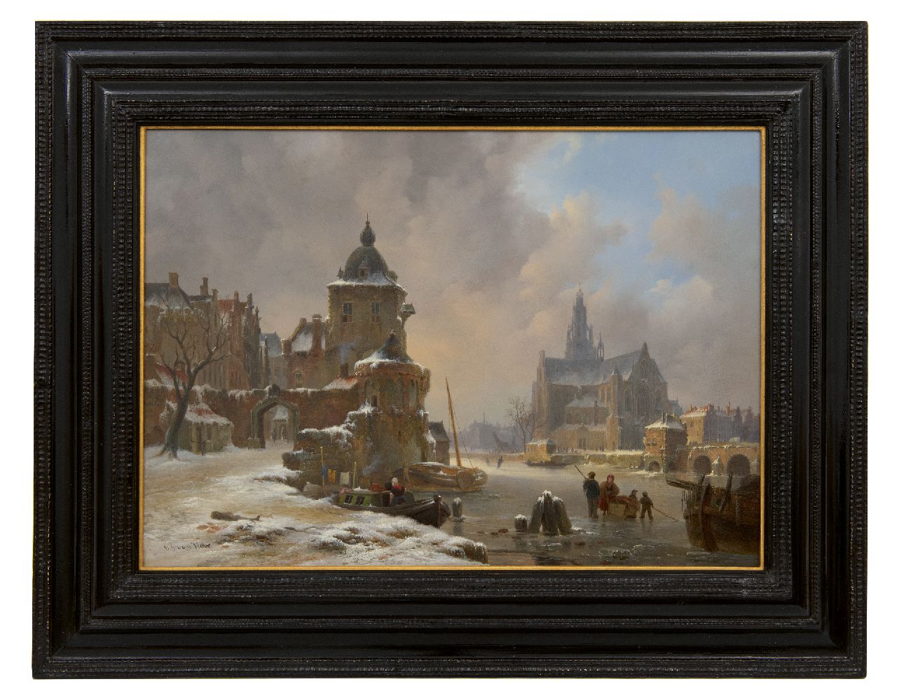 Hove B.J. van | Bartholomeus Johannes 'Bart' van Hove, Winters stadsgezicht met bevroren rivier, olieverf op paneel 34,2 x 48,5 cm, gesigneerd linksonder