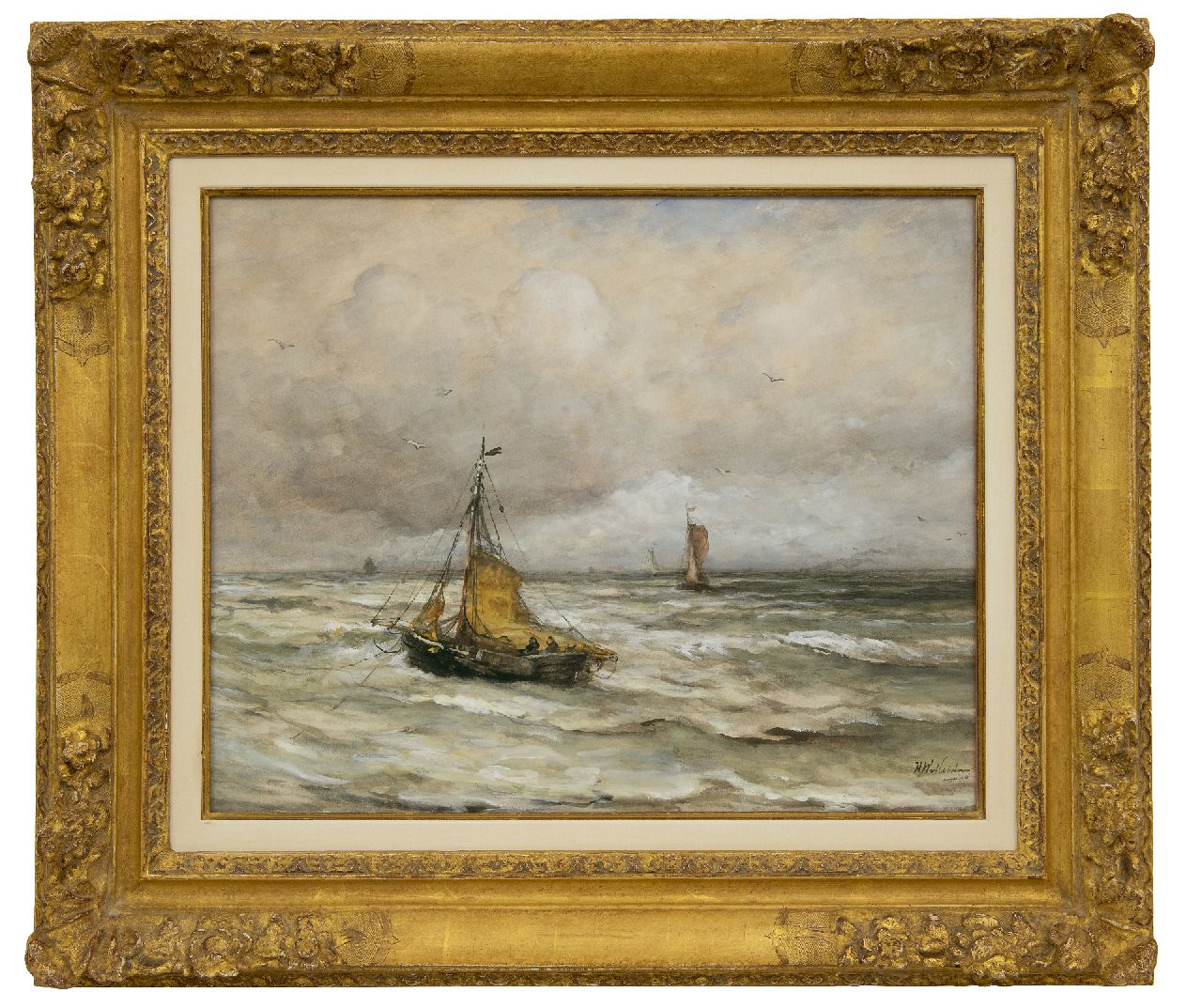 Mesdag H.W.  | Hendrik Willem Mesdag, Voor anker in de branding, aquarel en gouache op papier 44,5 x 55,4 cm, gesigneerd r.o