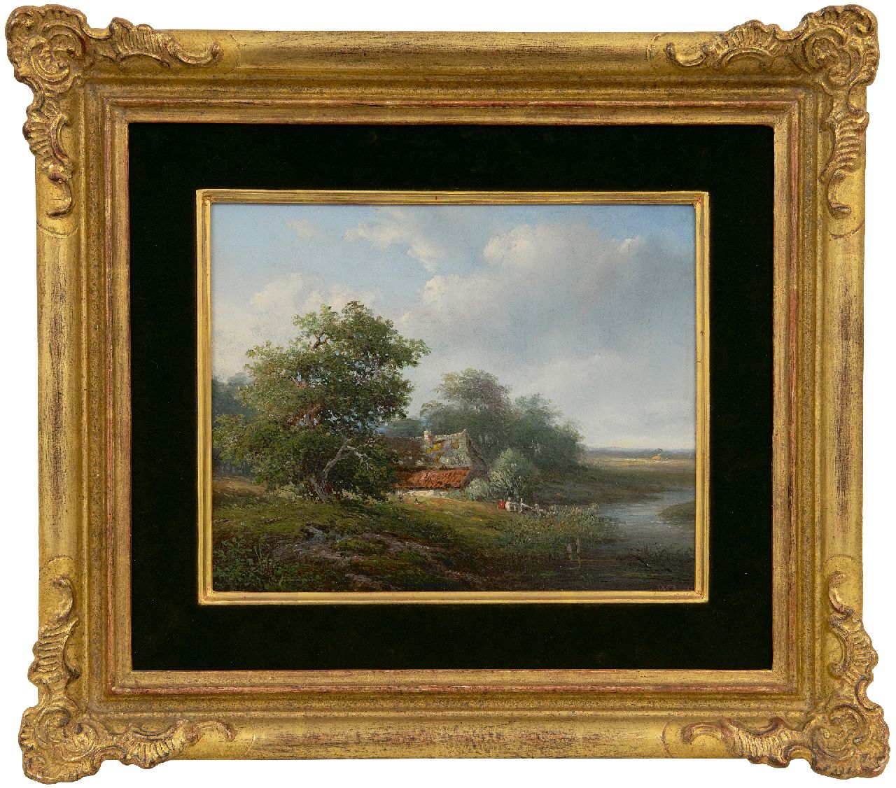 Vester W.  | Willem Vester | Schilderijen te koop aangeboden | Zomerlandschap met boerenhoeve, olieverf op paneel 22,0 x 27,3 cm, gesigneerd rechtsonder met initialen en gedateerd 1850