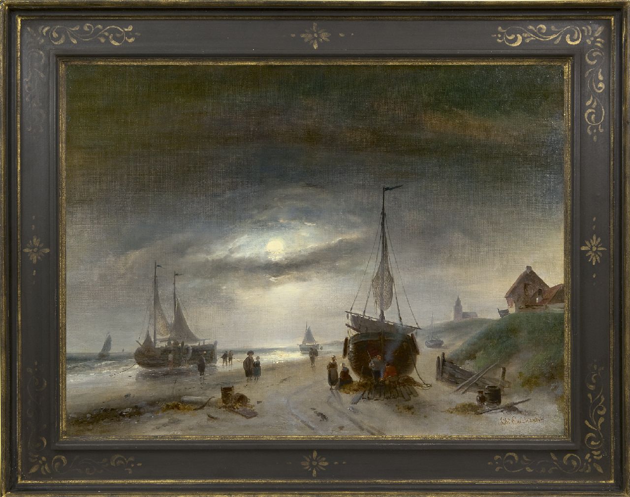 Leickert C.H.J.  | 'Charles' Henri Joseph Leickert, Vissers en schepen op het strand van Scheveningen, bij maanlicht, olieverf op doek 48,6 x 65,6 cm, gesigneerd rechtsonder
