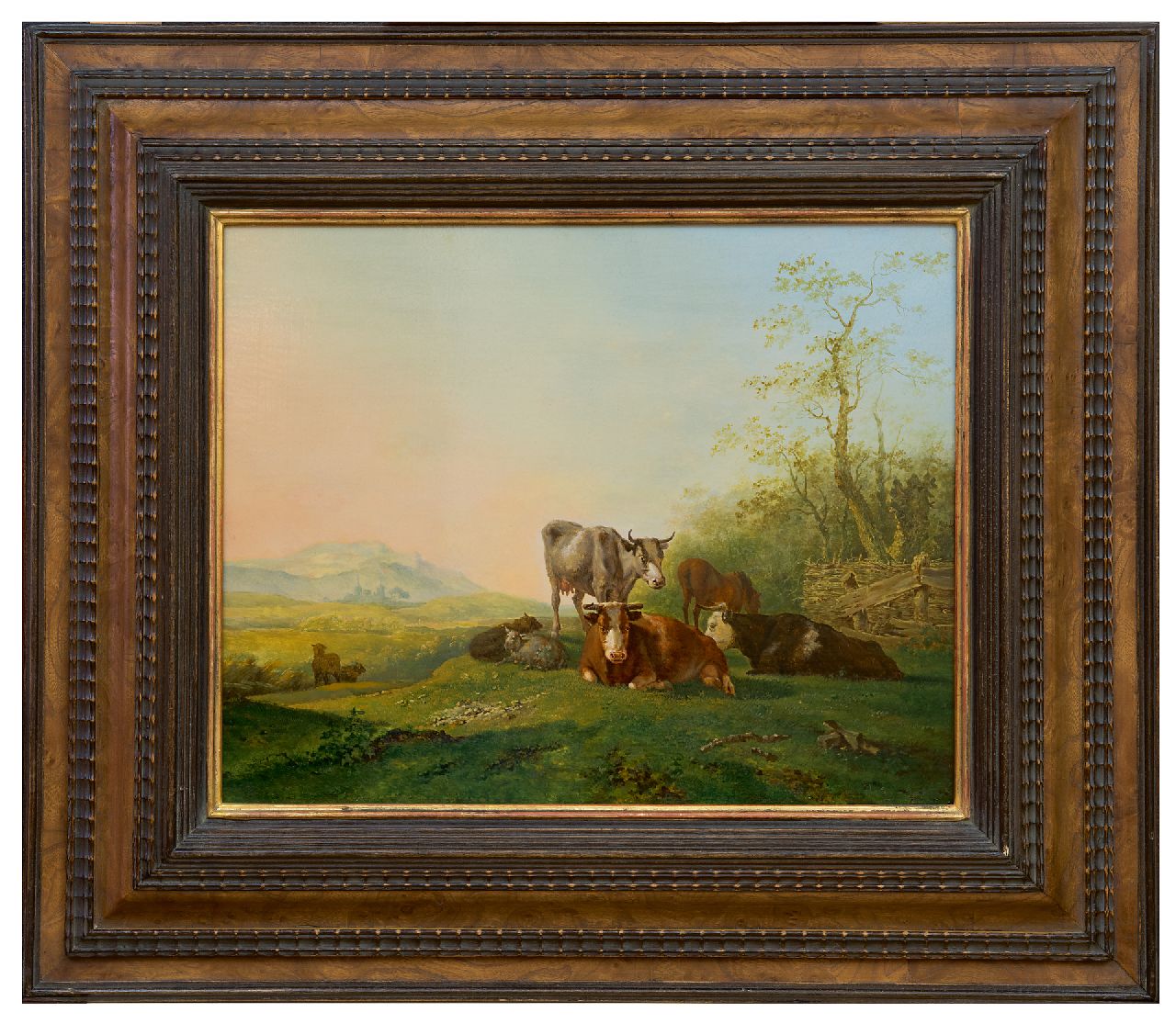 Straaten B. van | Bruno van Straaten | Schilderijen te koop aangeboden | Koeien en schapen bij een hek, olieverf op paneel 29,7 x 36,9 cm, gesigneerd rechtsonder