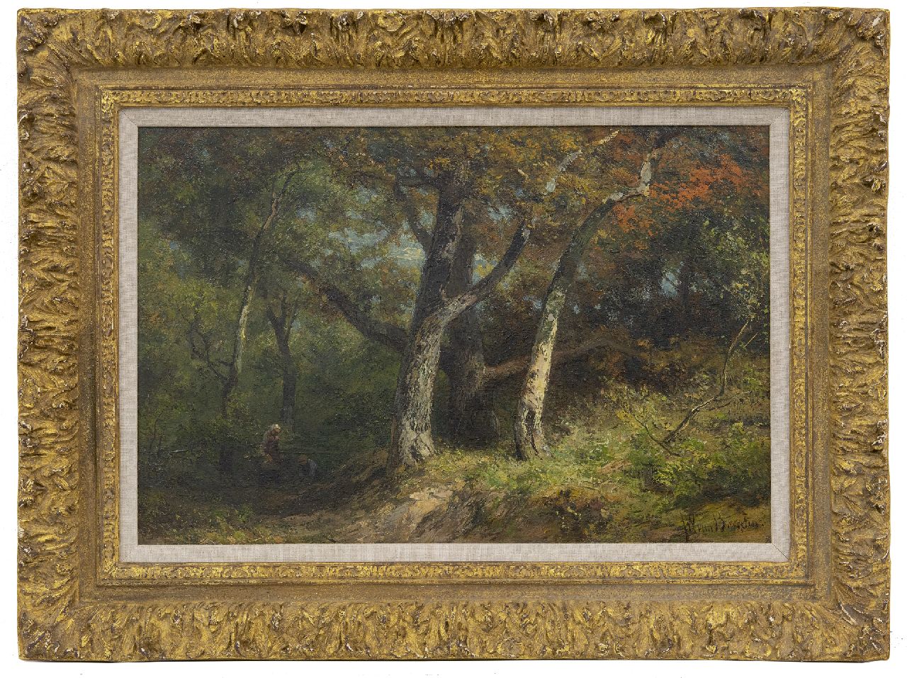 Borselen J.W. van | Jan Willem van Borselen, Houtsprokkelaars op een bospad, olieverf op paneel 27,8 x 42,0 cm, gesigneerd rechtsonder