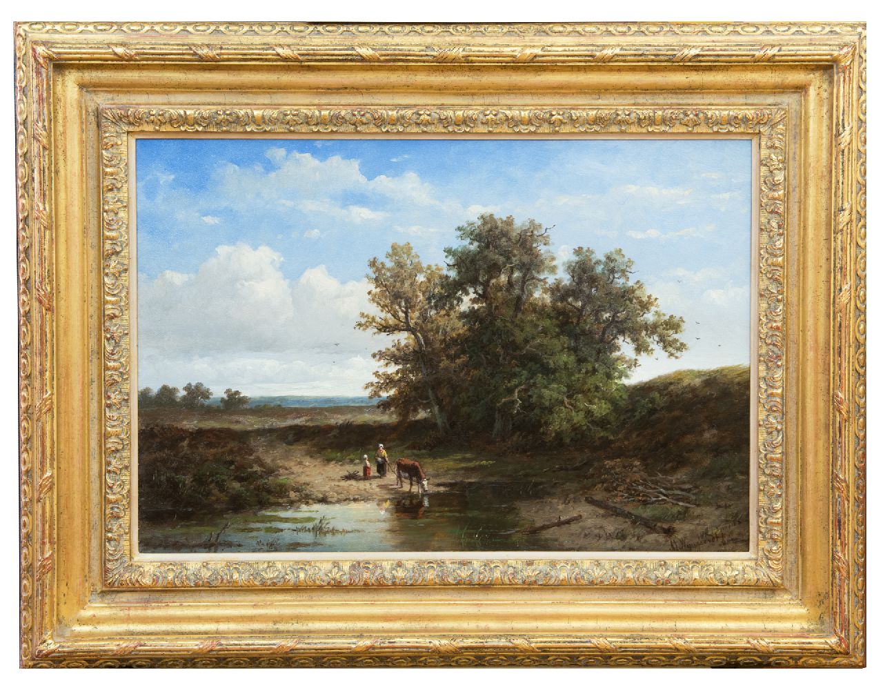 Wijngaerdt A.J. van | Anthonie Jacobus van Wijngaerdt, Boerin met drinkende koe bij een vennetje, olieverf op doek 37,2 x 54,4 cm, gesigneerd rechtsonder