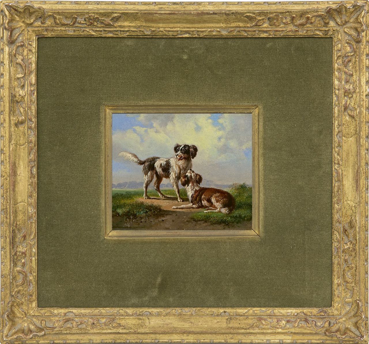 Verhoesen A.  | Albertus Verhoesen, Twee jachthonden in een landschap, olieverf op paneel 10,8 x 12,4 cm, gesigneerd linksonder en gedateerd 1864
