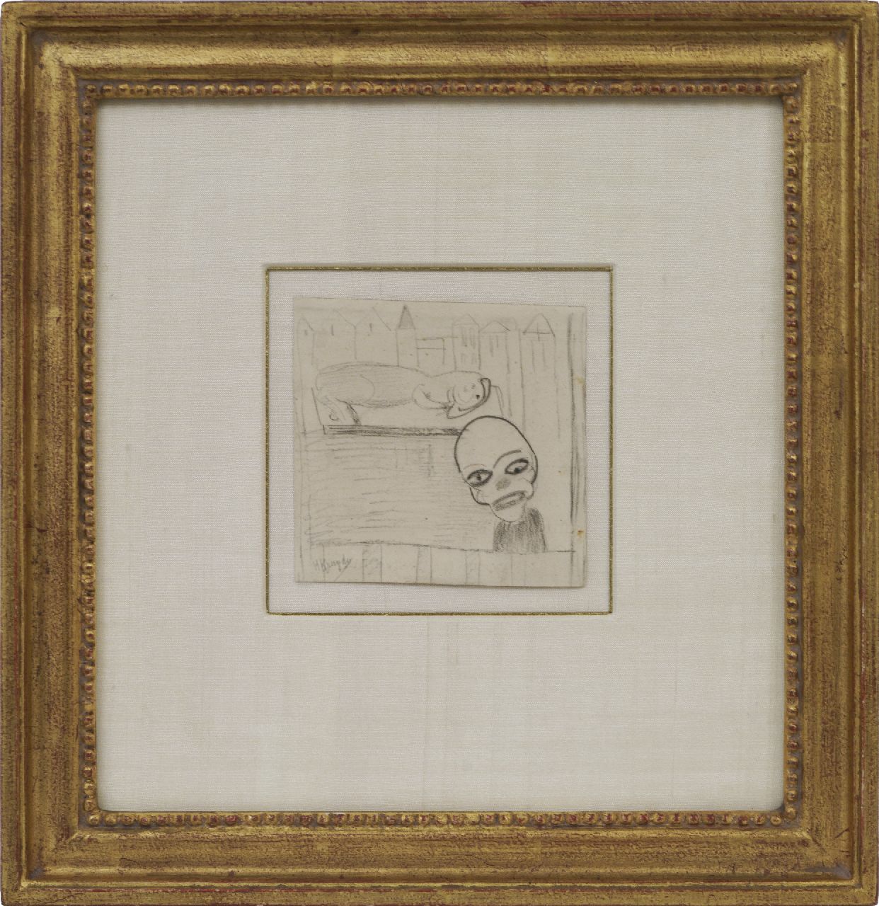 Kruyder H.J.  | 'Herman' Justus Kruyder | Aquarellen en tekeningen te koop aangeboden | Clown en dier, zwart krijt op papier 10,0 x 10,2 cm, gesigneerd linksonder