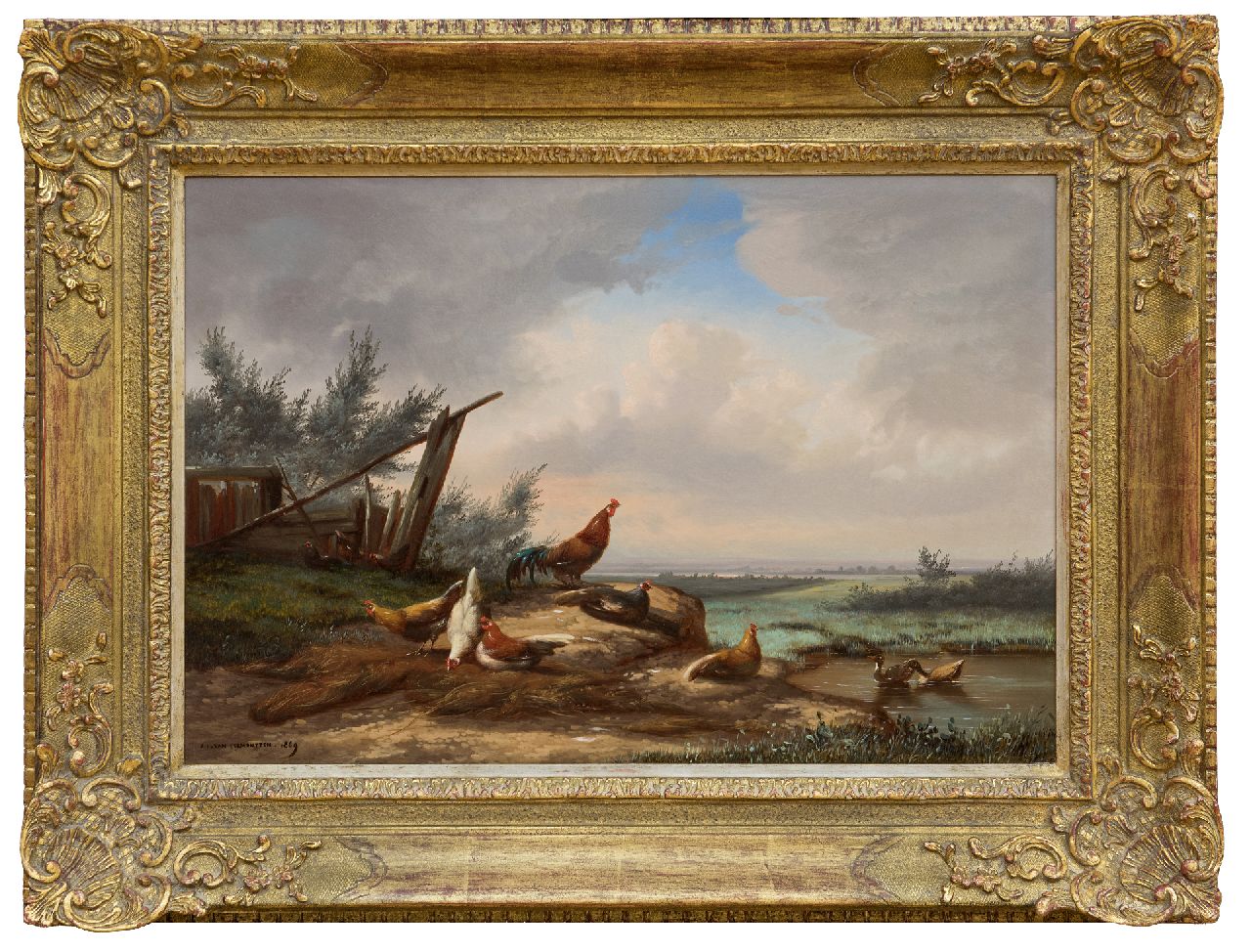 Leemputten J.L. van | Jean-Baptiste Leopold van Leemputten | Schilderijen te koop aangeboden | Haan en kippen bij een hek, olieverf op paneel 33,0 x 48,2 cm, gesigneerd linksonder en gedateerd 1869