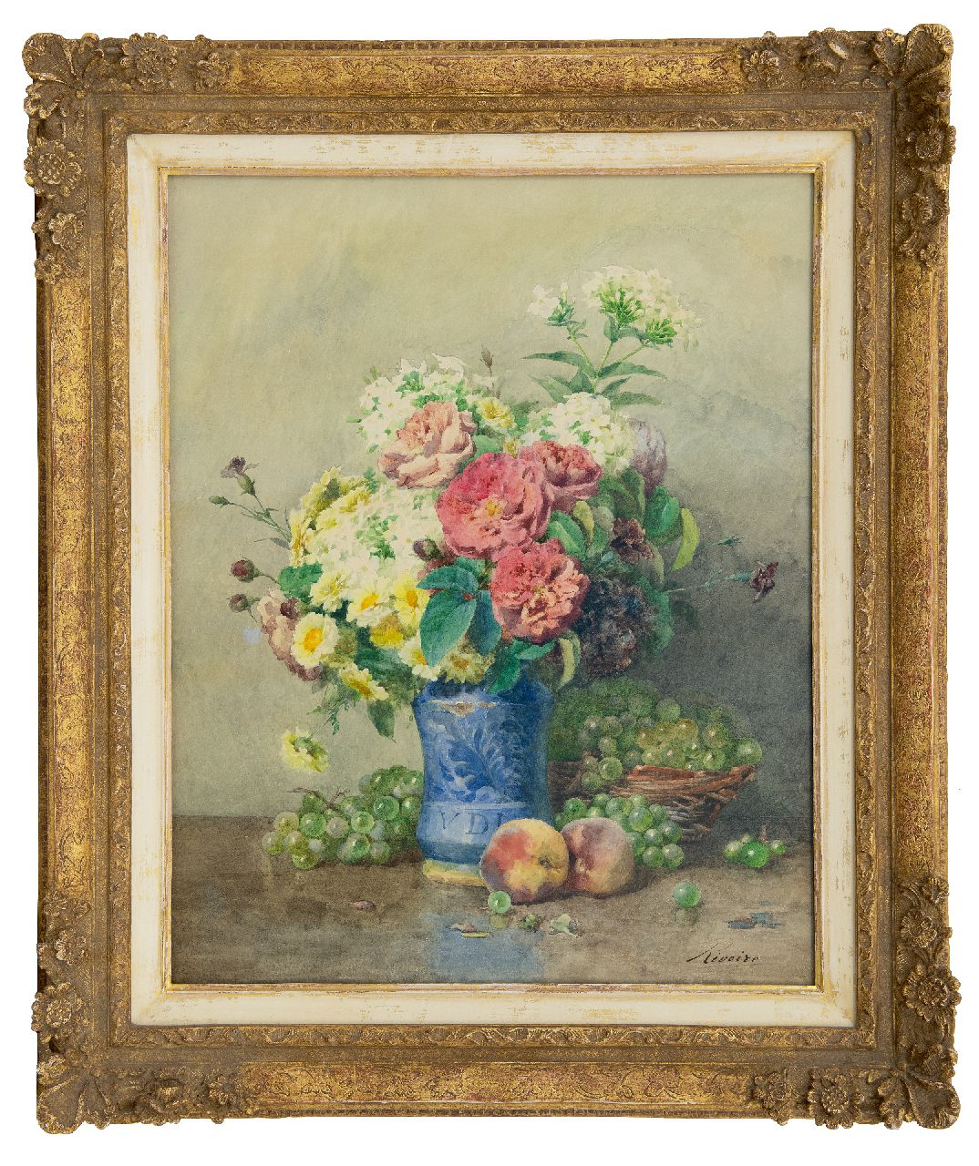 Rivoire F.  | François Rivoire | Aquarellen en tekeningen te koop aangeboden | Stilleven met rozen, phloxen en fruit, aquarel op papier 58,4 x 46,4 cm, gesigneerd rechtsonder