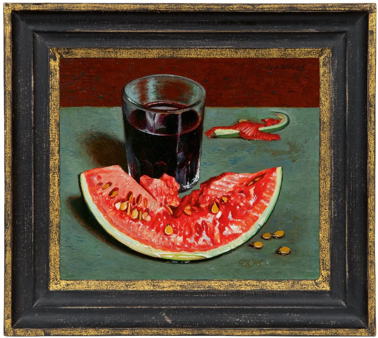 Röling G.V.A.  | Gerard Victor Alphons 'Gé' Röling | Schilderijen te koop aangeboden | Stilleven met watermeloen, olieverf op board 22,7 x 26,4 cm, gesigneerd rechtsonder met initialen en gedateerd '45