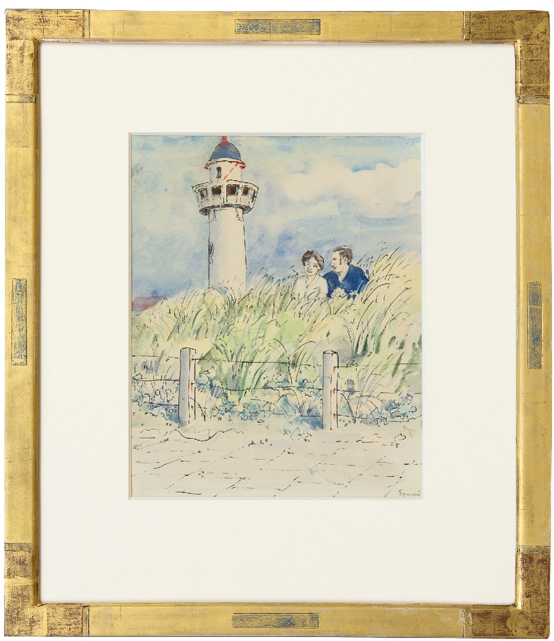 Kamerlingh Onnes H.H.  | 'Harm' Henrick Kamerlingh Onnes, Paartje in de duinen van Egmond aan Zee, pen, inkt en aquarel op papier 25,7 x 21,0 cm, gesigneerd rechtsonder en gedateerd '74