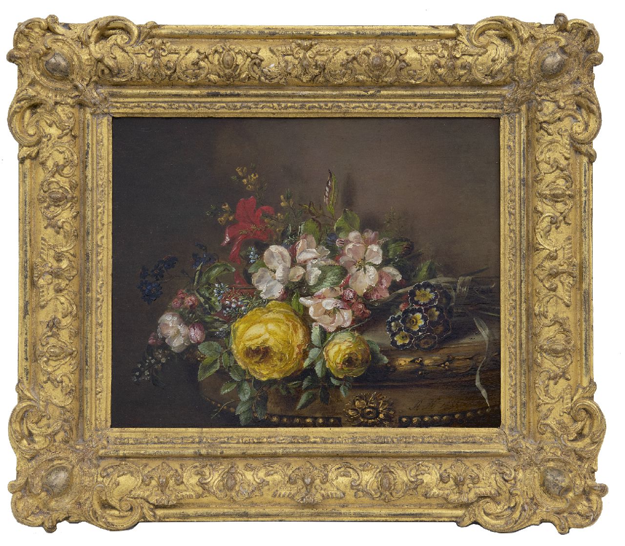 Haanen A.J.  | Adriana Johanna Haanen, Gemengd boeket op een tafel, olieverf op paneel 26,5 x 33,2 cm, gesigneerd rechtsonder en gedateerd 1850