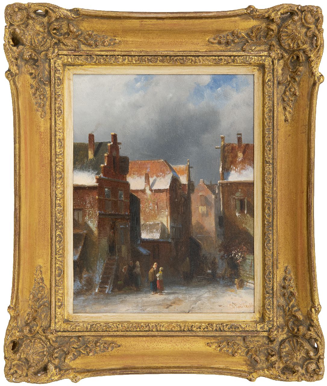 Leickert C.H.J.  | 'Charles' Henri Joseph Leickert | Schilderijen te koop aangeboden | Winters straatje, olieverf op paneel 27,2 x 21,6 cm, gesigneerd rechtsonder