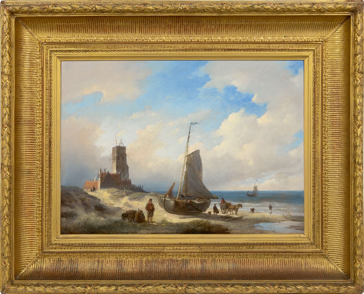 Spohler J.J.  | Jan Jacob Spohler, Strandgezicht bij vuurbaak bij Katwijk, olieverf op paneel 46,8 x 64,9 cm, gesigneerd linksonder