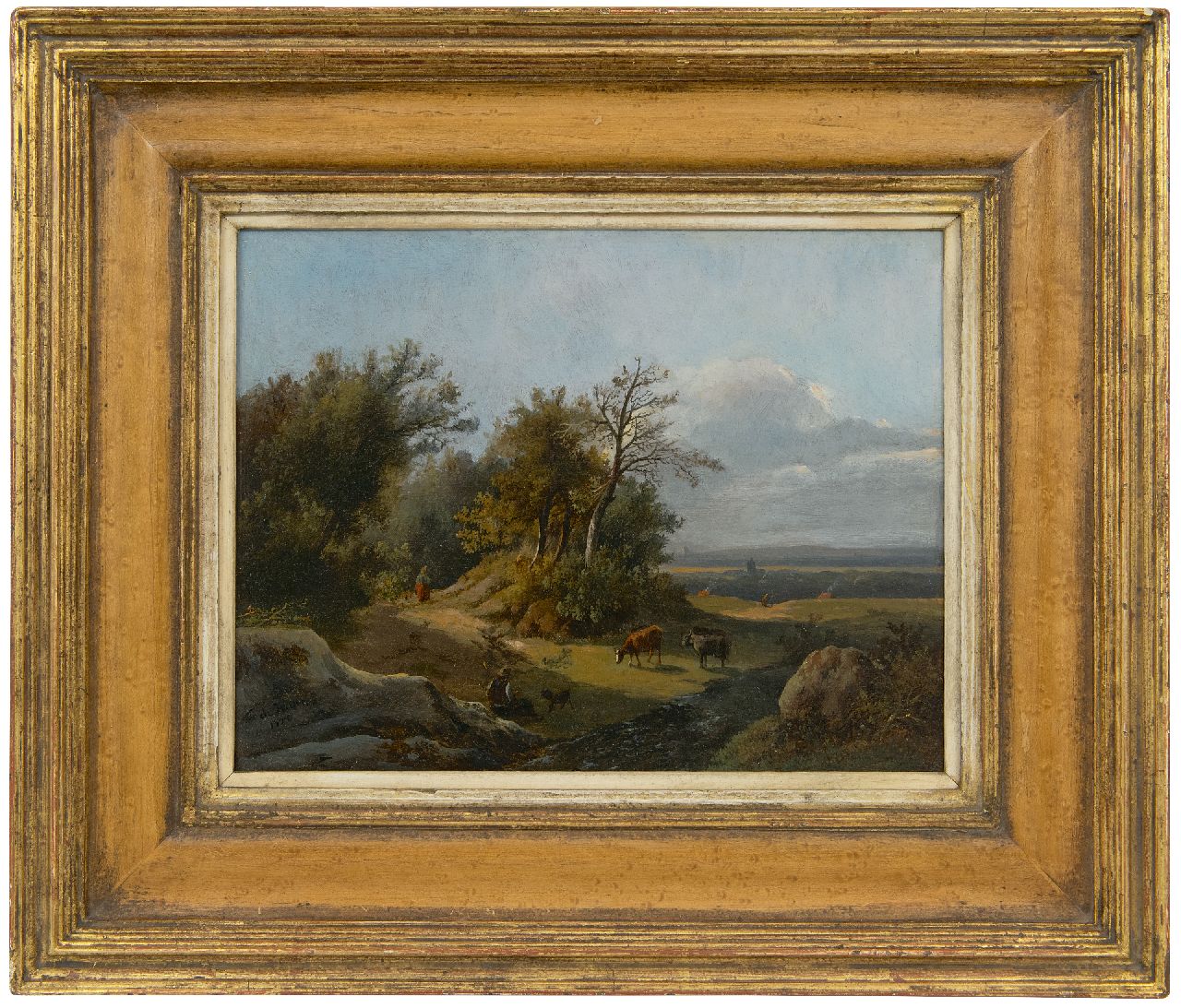 Haan F.A. de | Franciscus Antonius de Haan | Schilderijen te koop aangeboden | Herder met vee in zonnig heuvellandschap, olieverf op paneel 21,2 x 26,9 cm, gesigneerd linksonder en gedateerd 1850