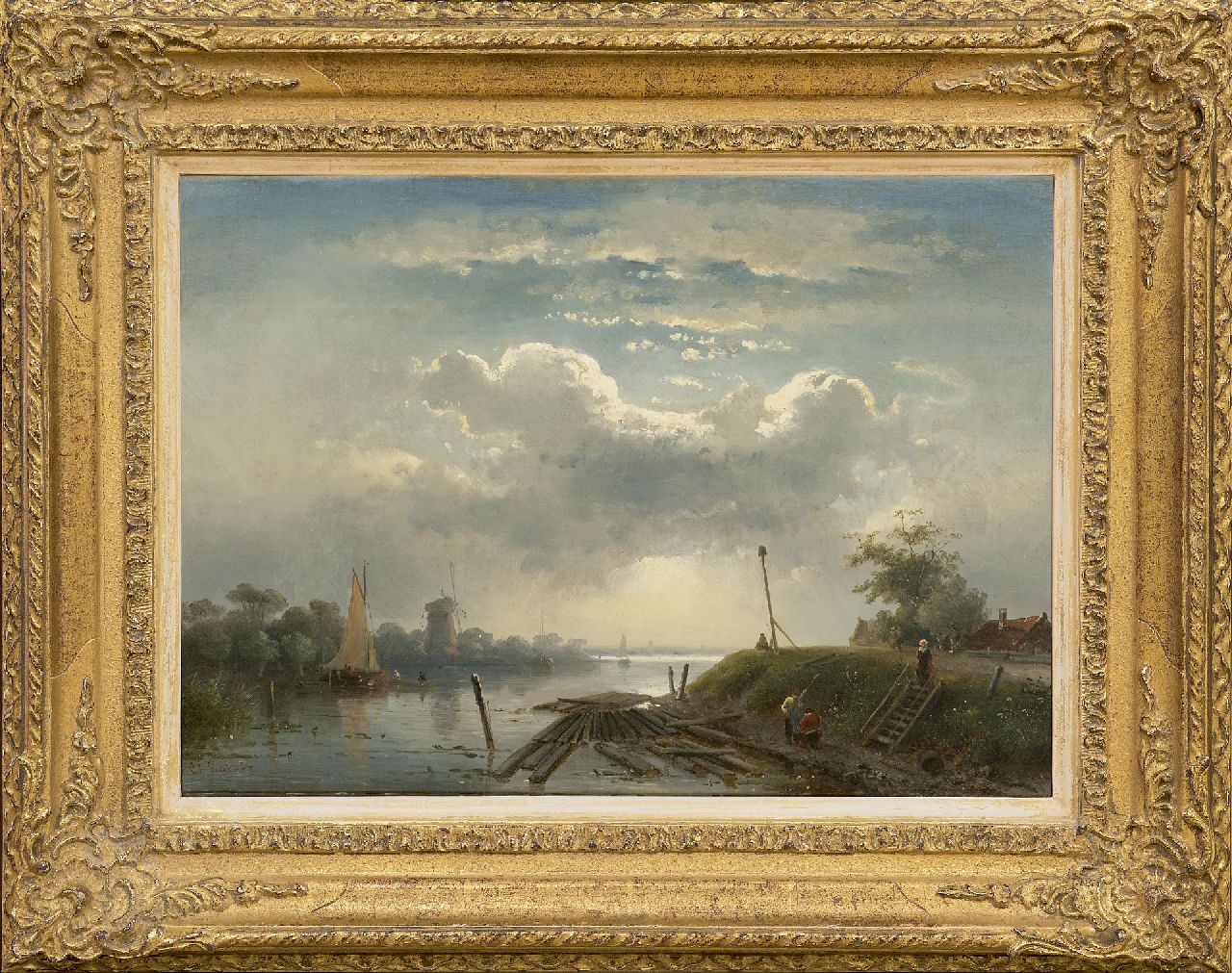 Leickert C.H.J.  | 'Charles' Henri Joseph Leickert, Zomers riviergezicht met zoneffect, olieverf op doek 30,2 x 41,7 cm, gesigneerd linksonder