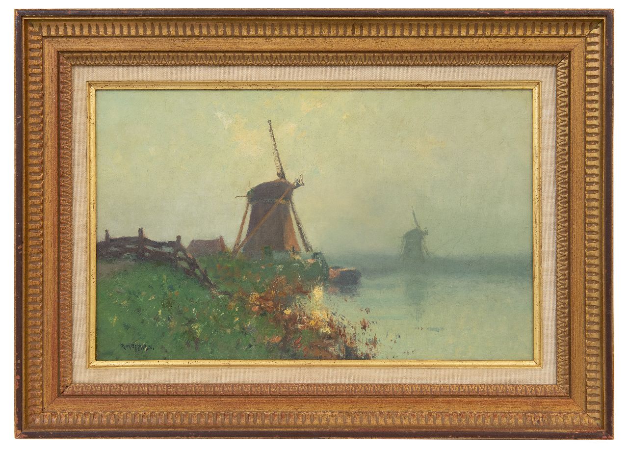 Dekker H.N.  | Henricus Nicolaas 'Henk' Dekker | Schilderijen te koop aangeboden | Molens in de ochtendnevel, olieverf op doek 26,8 x 43,2 cm, gesigneerd linksonder