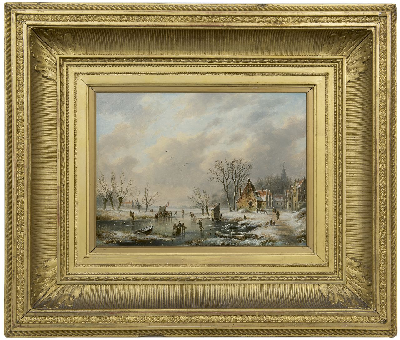 Hendriks G.  | Gerardus 'George Henry' Hendriks, IJspret bij een winters dorpje, olieverf op paneel 26,0 x 35,1 cm