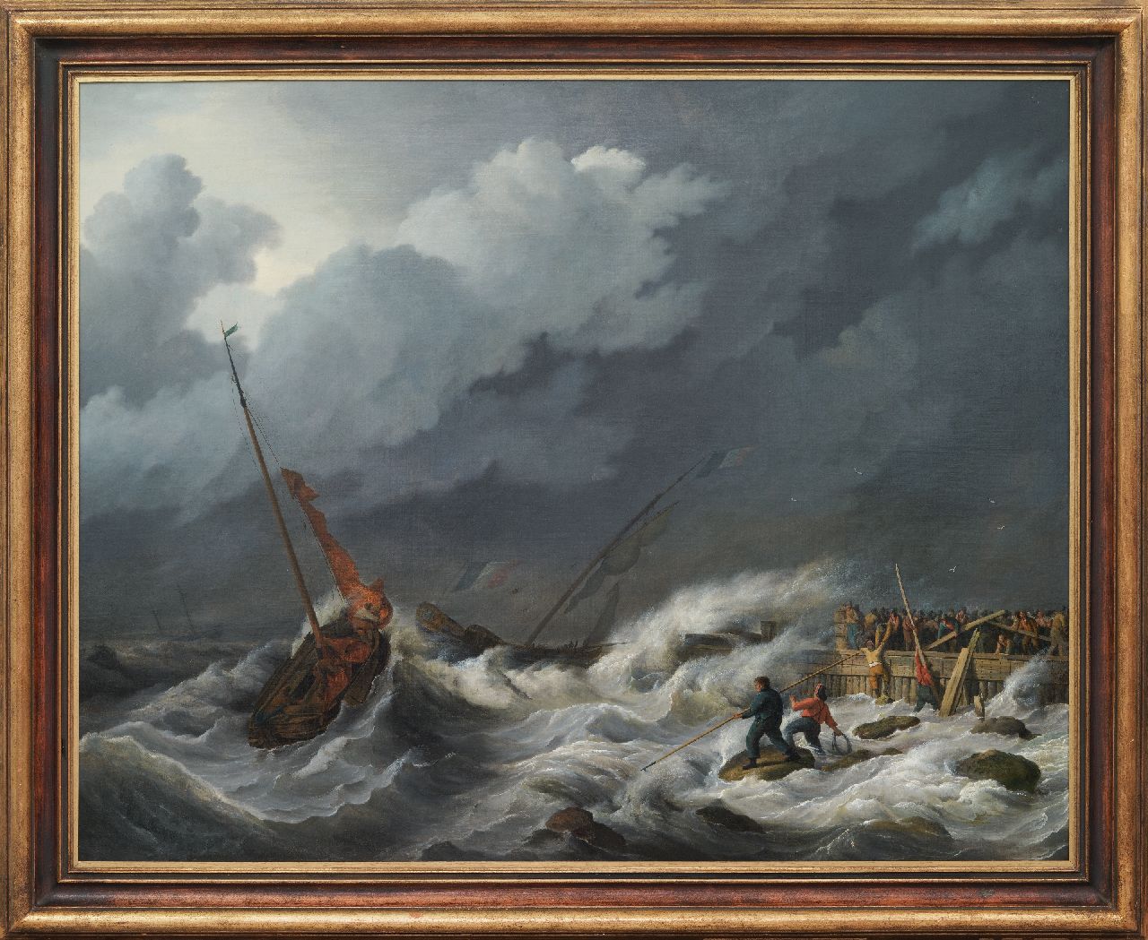 Baur N.  | Nicolaas Baur | Schilderijen te koop aangeboden | Zwaar weer bij het binnenlopen van de haven, olieverf op doek 97,2 x 123,3 cm, ca. 1810