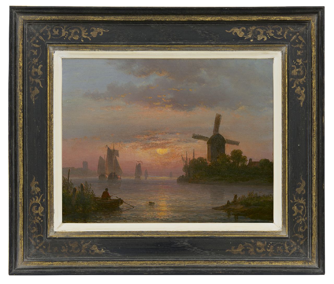 Kleijn L.J.  | Lodewijk Johannes Kleijn, Hollands riviergezicht bij zonsondergang, olieverf op paneel 21,2 x 27,4 cm