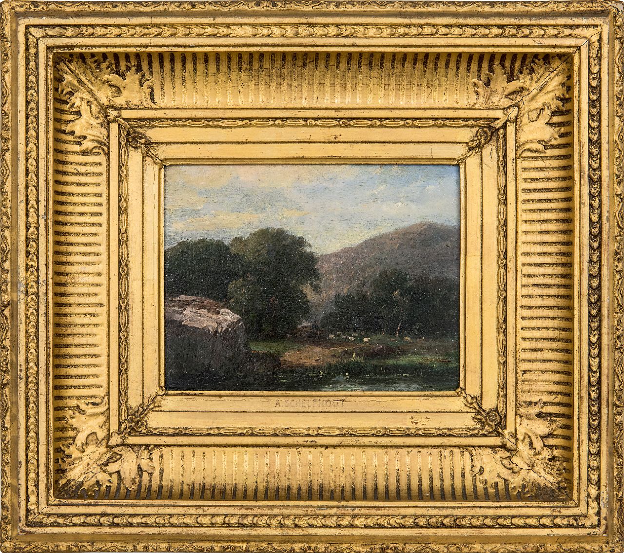 Schelfhout A.  | Andreas Schelfhout | Schilderijen te koop aangeboden | Heuvellandschap met schaapskudde en herder, olieverf op paneel 13,8 x 17,5 cm, gesigneerd linksonder met initialen