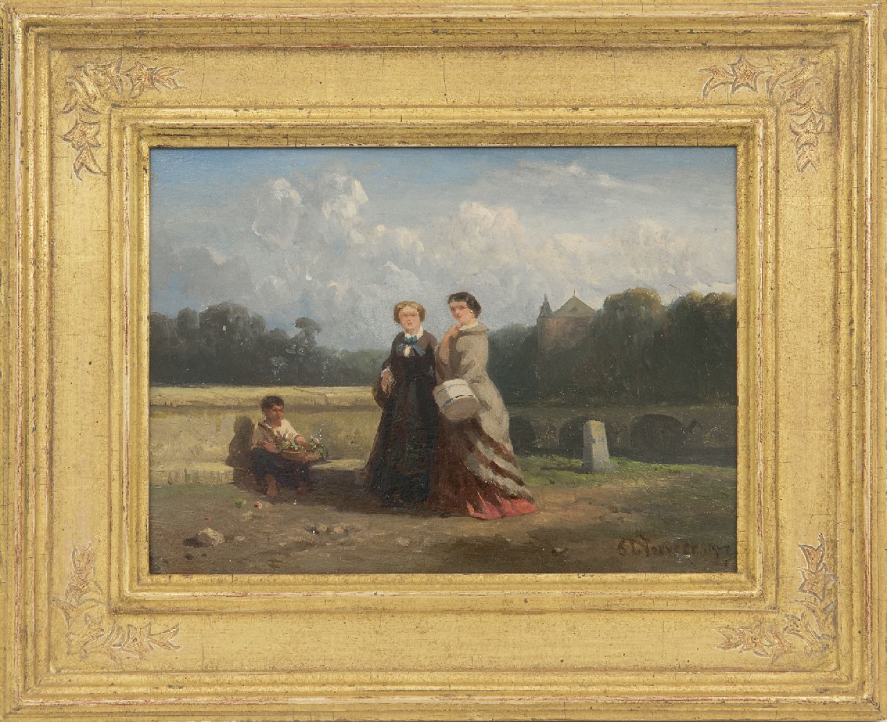 Verveer S.L.  | 'Salomon' Leonardus Verveer | Schilderijen te koop aangeboden | Twee vrouwen en een bloemenverkopertje in een landschap, olieverf op paneel 15,1 x 20,2 cm, gesigneerd rechtsonder en gedateerd '57