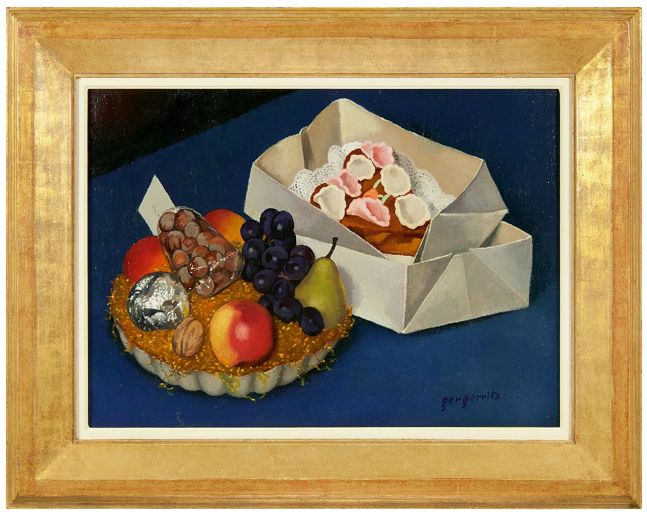 Gerrits G.J.  | Gerrit Jacobus 'Ger' Gerrits | Schilderijen te koop aangeboden | Stilleven met fruitmand en taart, olieverf op doek 36,2 x 50,2 cm, gesigneerd rechtsonder en te dateren mei 1944